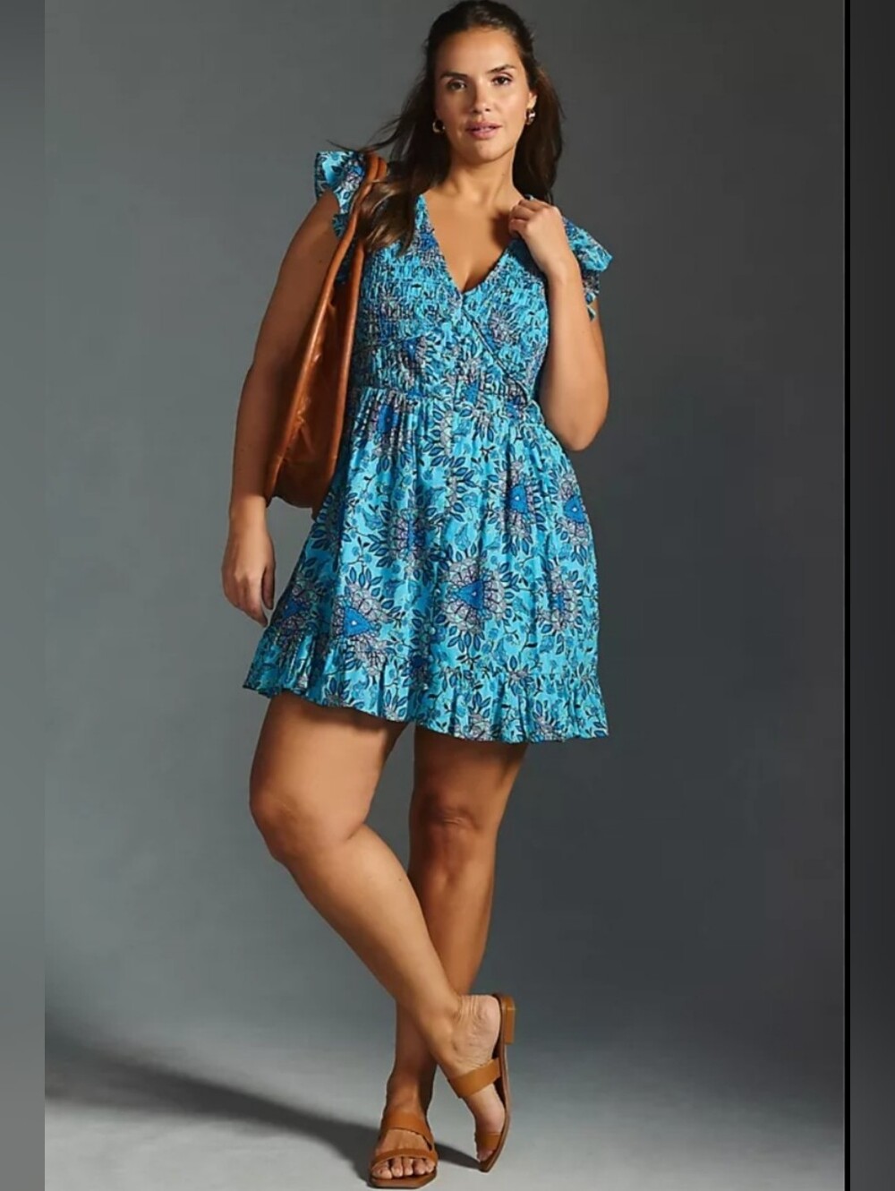 Anthropologie Blue Cotton Floral Mini Dress Womens Large